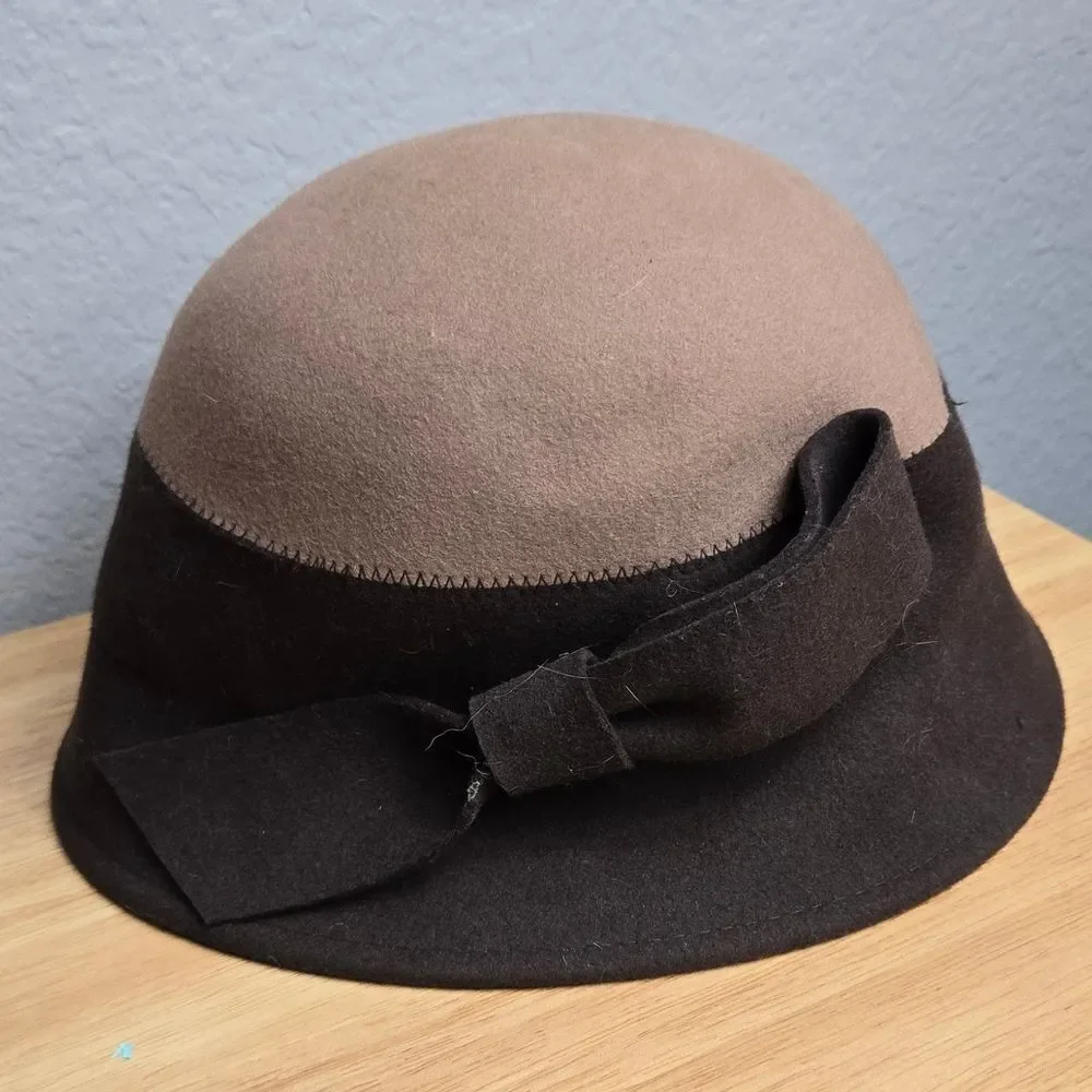 Nordstrom Magid Hat Wool Cloche Two-Tone Brown Wide Brim Flapper 20s Vintage Bow